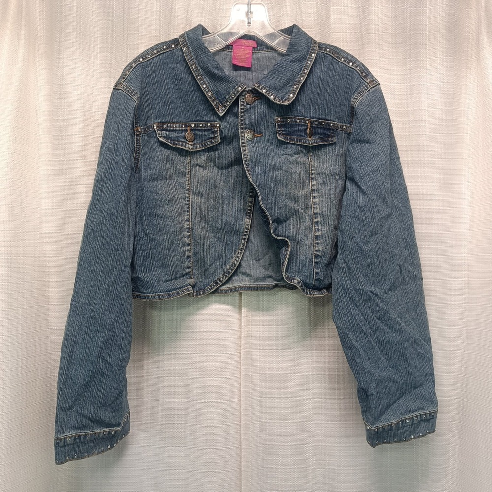 Thalia Sodi Womens 2X Cropped Denim Jacket Rhinestone Embellished Blue NWT Y2K